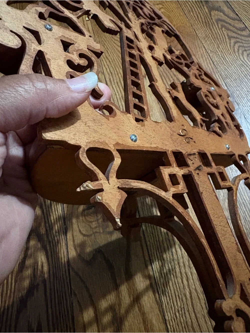 Vintage Brown Wooden Shelf with Folk art Tree & Bird Cutout